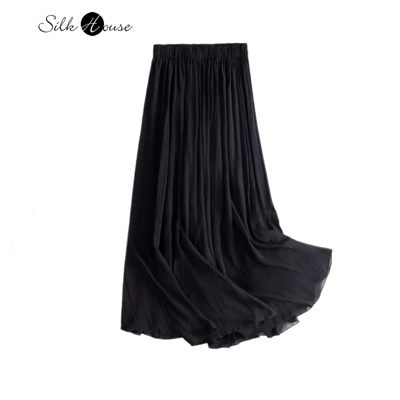 

2025 Women's Summer Casual New Natural Mulberry Silk Black Floating Versatile Splicing Solid Color Skirt