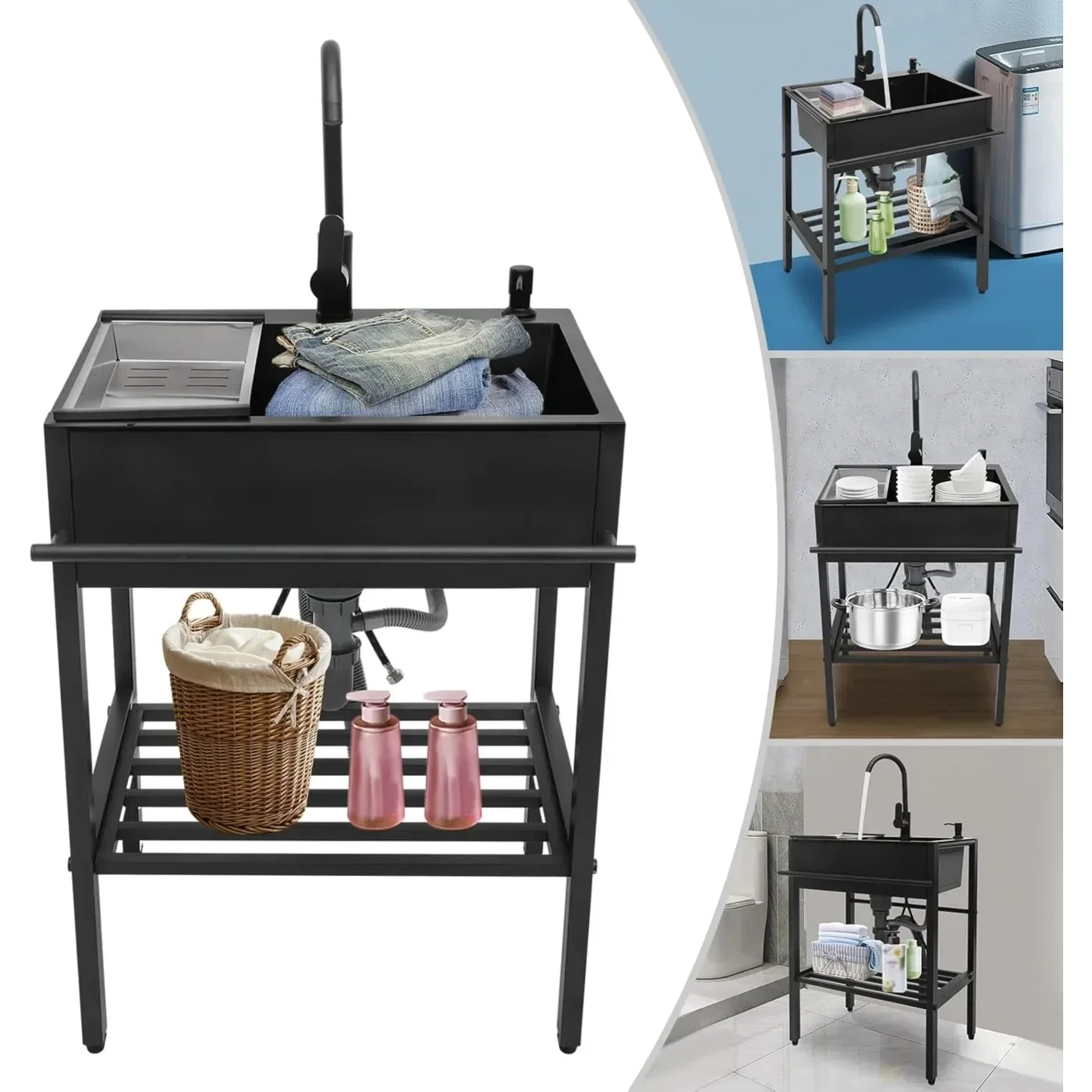 

BYMAOCAR Отдельно стоящая кухонная раковина с одной чашей, универсальная раковина из нержавеющей стали, с комплектом водопроводных труб для холодного и горячего крана