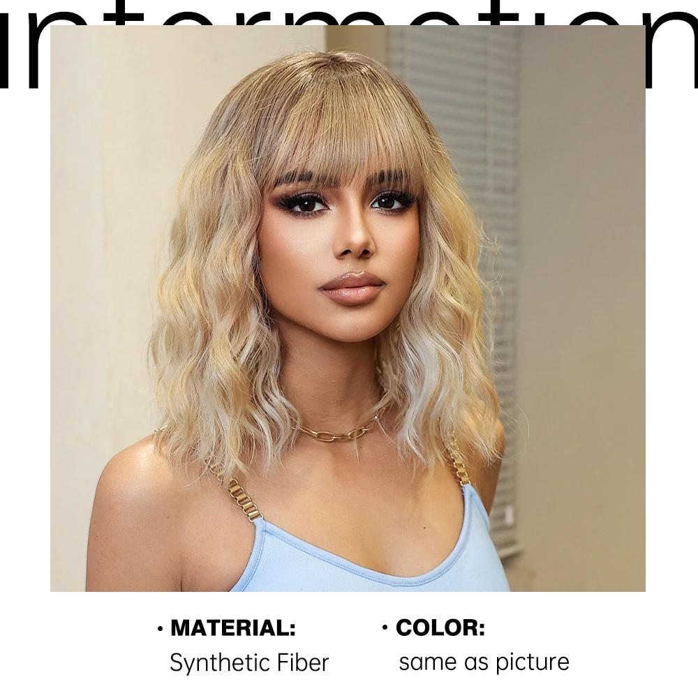 Synthetic Mixed Ombre Blonde Wig with Fluffy Bangs Short Wavy Curly Wigs for Black Women Heat Resistant Cosplay Party Hair Wig