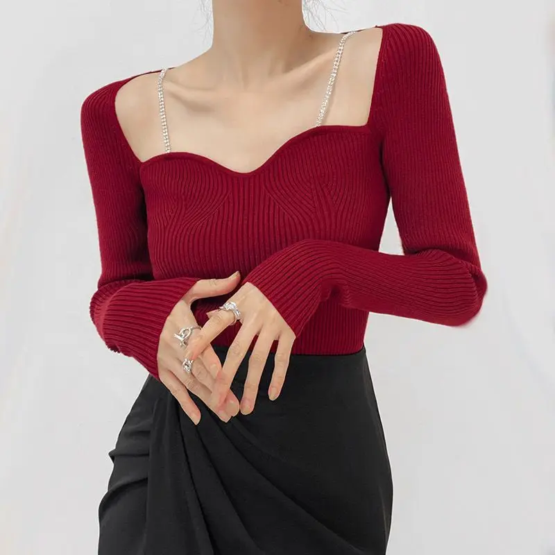 Black Sweater Women\'s Clothes Square Neck Fashion Vintage Lazy Wind  Winter Female Long Sleeve Knitting Pullover Tops  Slim