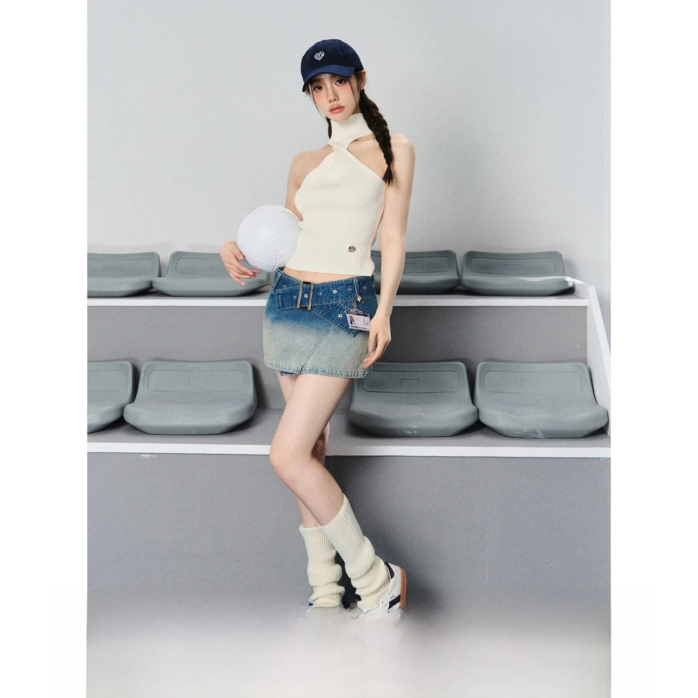 

Waed Blue Denim High Waist Skirt Asymmetrical Design Korean Sle Women's Skirt Cotton Polyester Blend Long A-Line Skirt