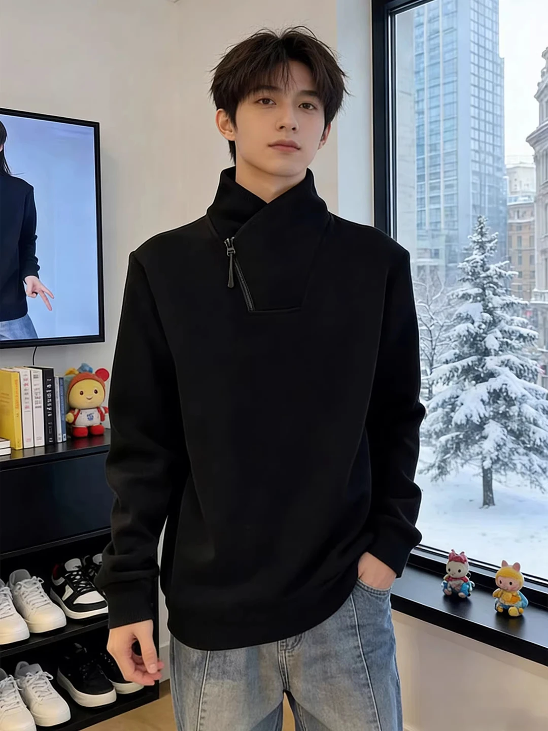

Men's Hoodie Jaet Thiened Fce f Zipper Stand Collar Warm Inner Wear Top Bla Loose Fit Long Sve Winter Coat