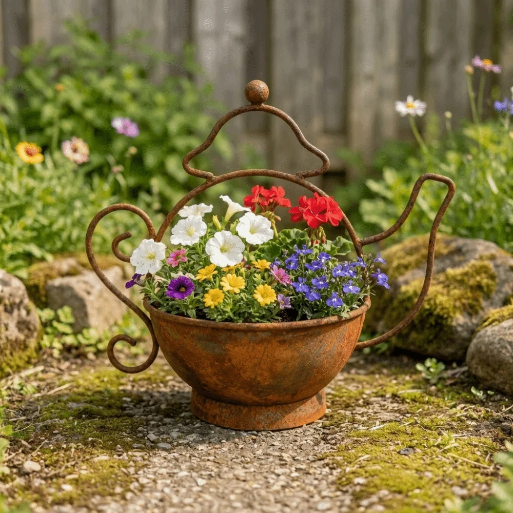 Decorative Rusty Iron Teapot Flower Pot Vintage Rust-Resistant Metal Teapot Planter Creative Kettle Shape Flower Pots Farmhouse
