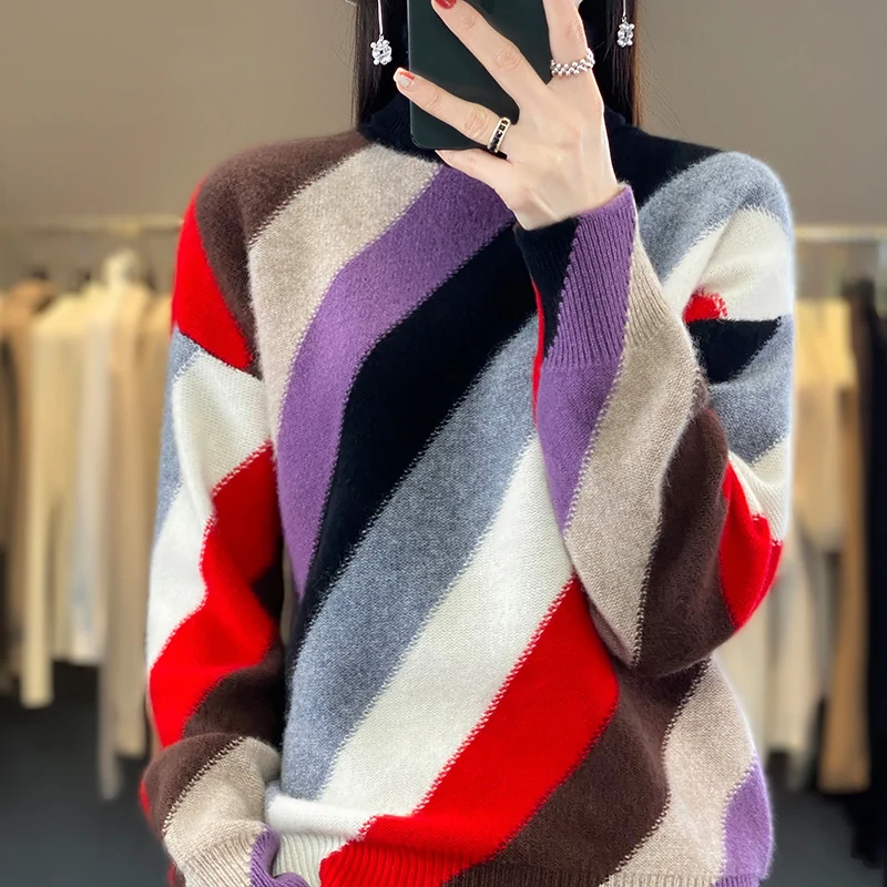 Autumn and winter new women's 100% merino wool turtleneck color matching thick sweater knitted pullover fashion loose coat