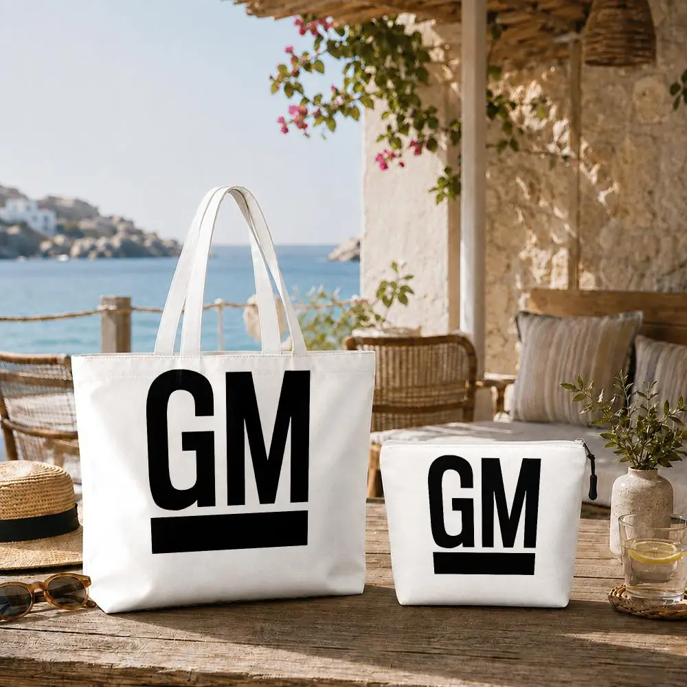 G-General M-Motors Fashion Storage Bags 2-Piece Double-Sided Printed Canvas Tote Bag Set with Zipper Shoulder Bags Handbags