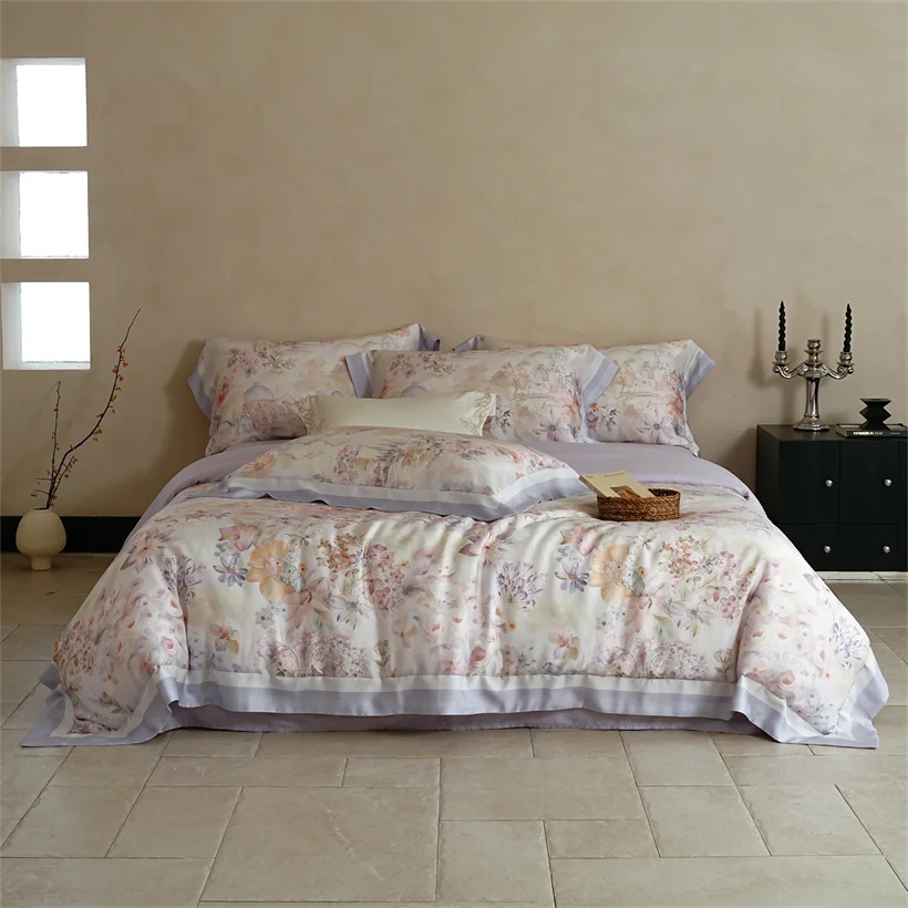 100% Mulberry Silk Bedding Set with Duvet Cover Bed Sheet Elegant Luxury Floral Print Fitted Bed Sheet 22 Momme Silk Pillowcases