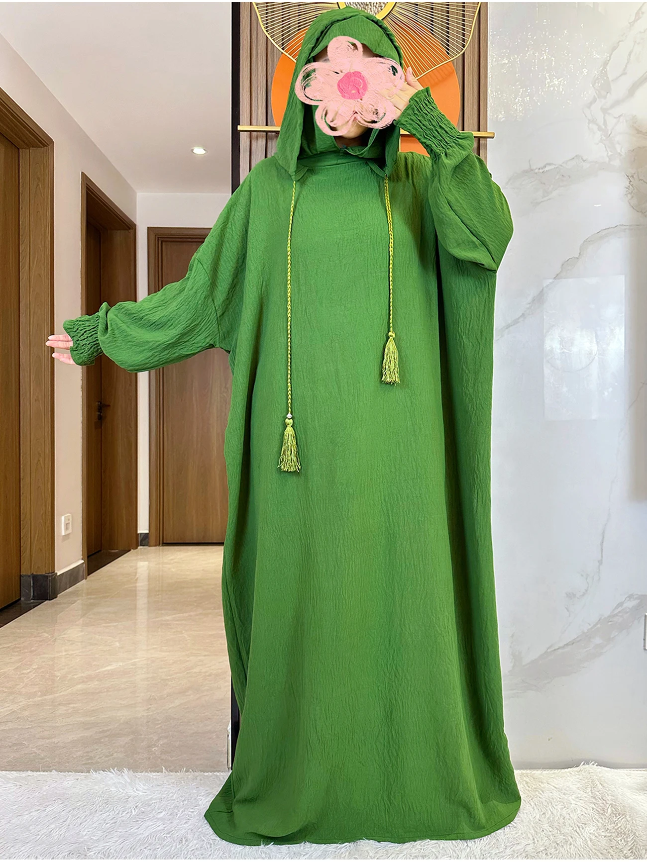 Muslim Abaya Pullover katun padat dua topi wanita Lebaran gaun Maxi panjang bertudung Turki Kaftan jubah Arab pakaian Dubai Hijab Islami