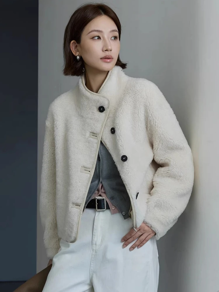 

High-end Luxury Merino Sheep Fur Lambswool Jackets for Women 2026 Simple Stand Collar Short Winter Genuine Leather Real Fur Coat