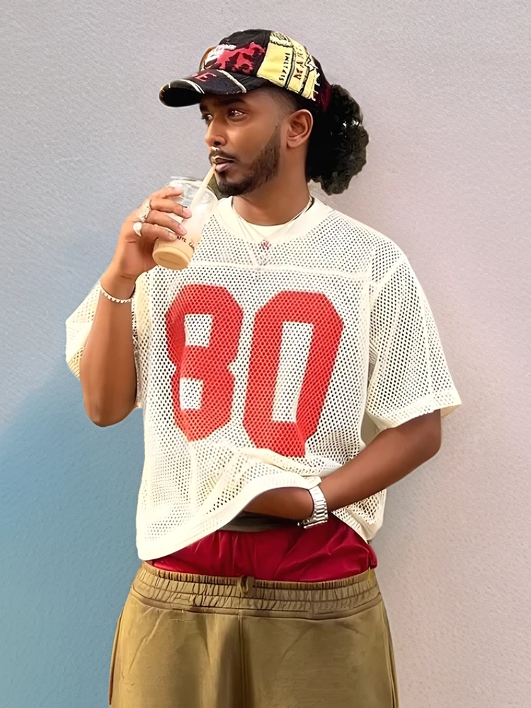 Maswei 80 Hollow out Mesh American Football Shirt Loose Short Sleeve T-Shirt Men's Breathable round Neck Print Casual Tee