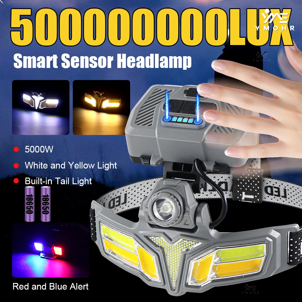 5000W Head Lantern LED Rechargeable 18650x2 Headlamp Solar Charging Case COB Light Smart Sensor Lamp Sunlight ForHiking Lighting