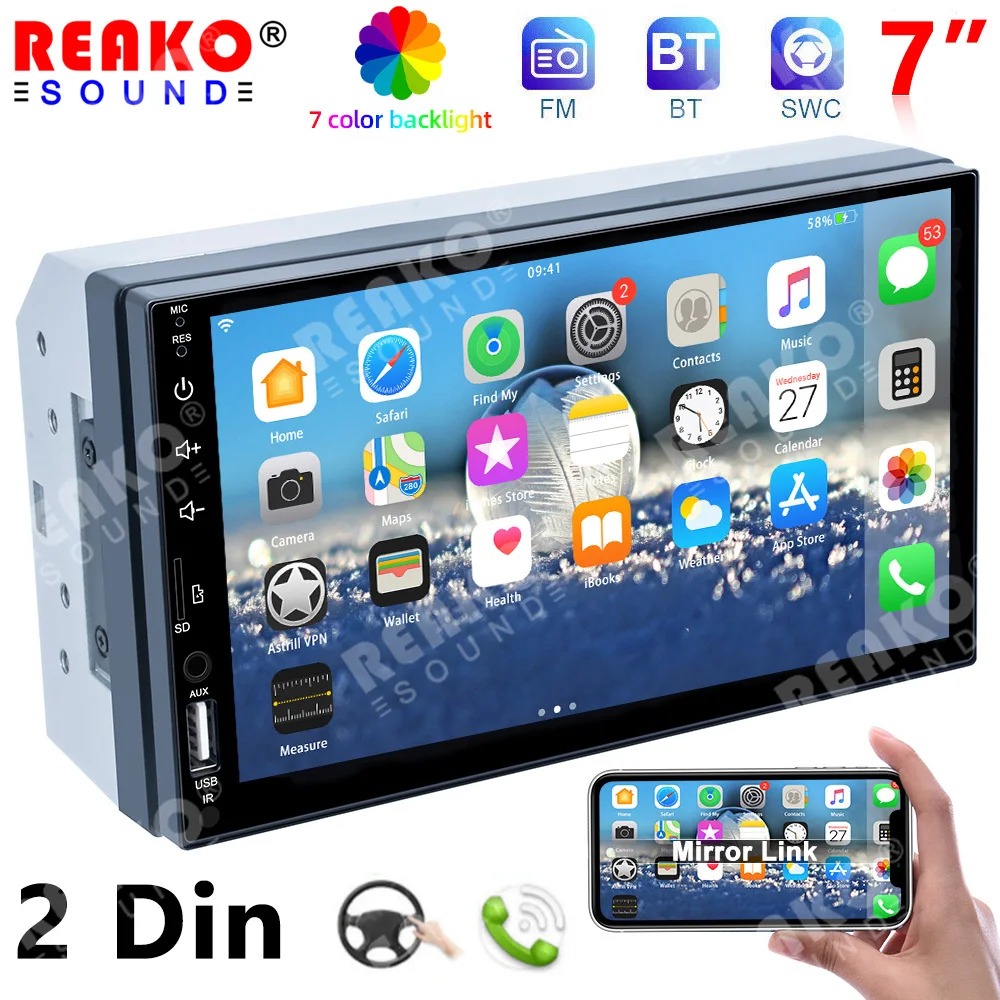 

REAKOSOUND 2Din Car Radio 7" Touch Screen Multimedia MP5 Player BT FM Mirror Link Car Stereo Handsfree Audio System Head Unit