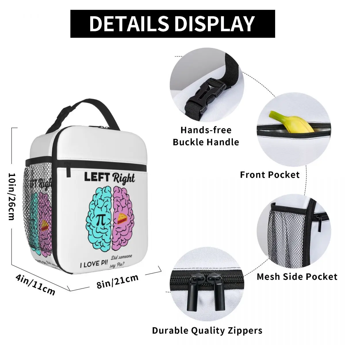 Left Right Brain Hemisphere Pi Pie Math Joke Insulated Lunch Bag for Women Office Cooler Thermal Food Box Tote Lunch Boxes