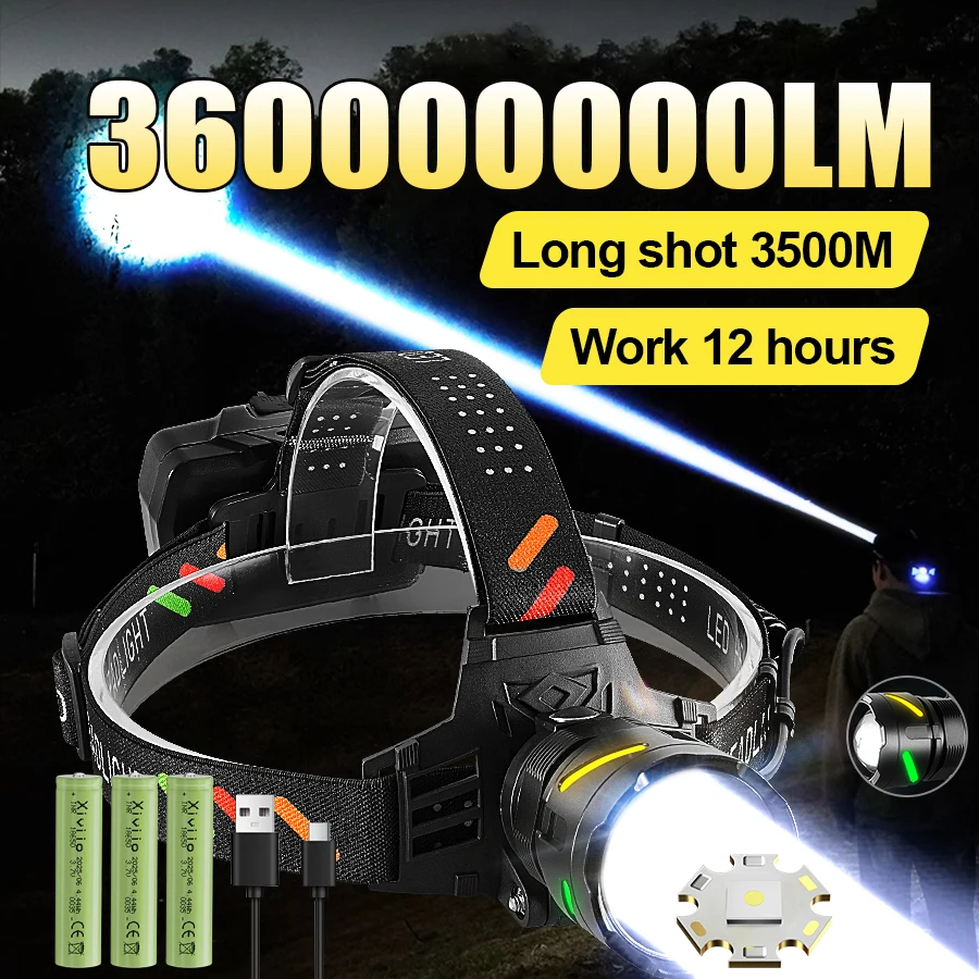 Linterna Frontal LED 2025 360000000LM de Alta Potencia, Recargable Tipo-C, Linterna de Cabeza con Iluminación 3500M, Iluminación para Exteriores y Pesca
