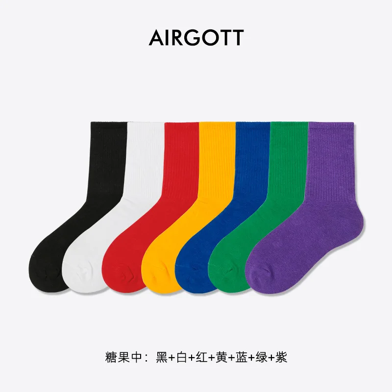 สีทึบถุงเท้าผู้ชายสายรุ้งสี Street Tube ผ้าฝ้ายส่วนบุคคลกีฬาตลกเกย์เซ็กซี่ถุงเท้าสีขาวการบีบอัด