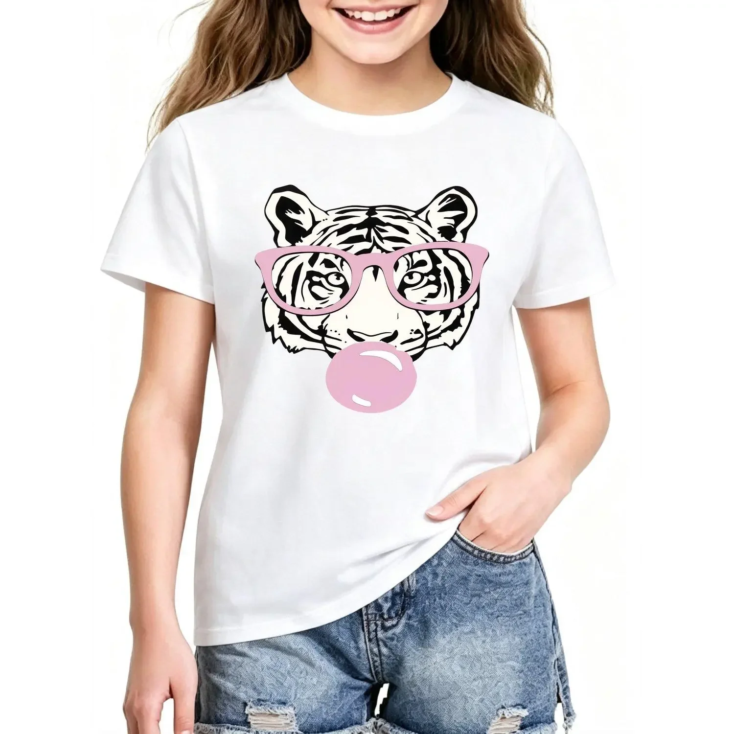 Girls T-shirts Summer Breathable Minimalist Line Drawing Tiger Bubble Gum Fun Pattern Print Summer Wear Summer Fashion Casual Style