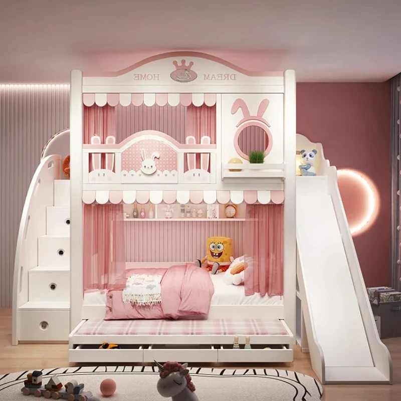 

Bunk bed girl bed high box castle princess pink bed kids small apartment type 1.2 high and low