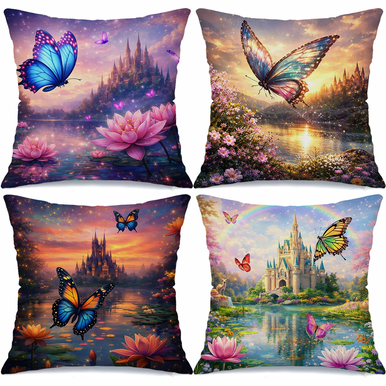 Dream Castle Butterfly Water Lily printing pillow cover Short plush Suitable living rooms bedrooms sofas throw cushion cover
