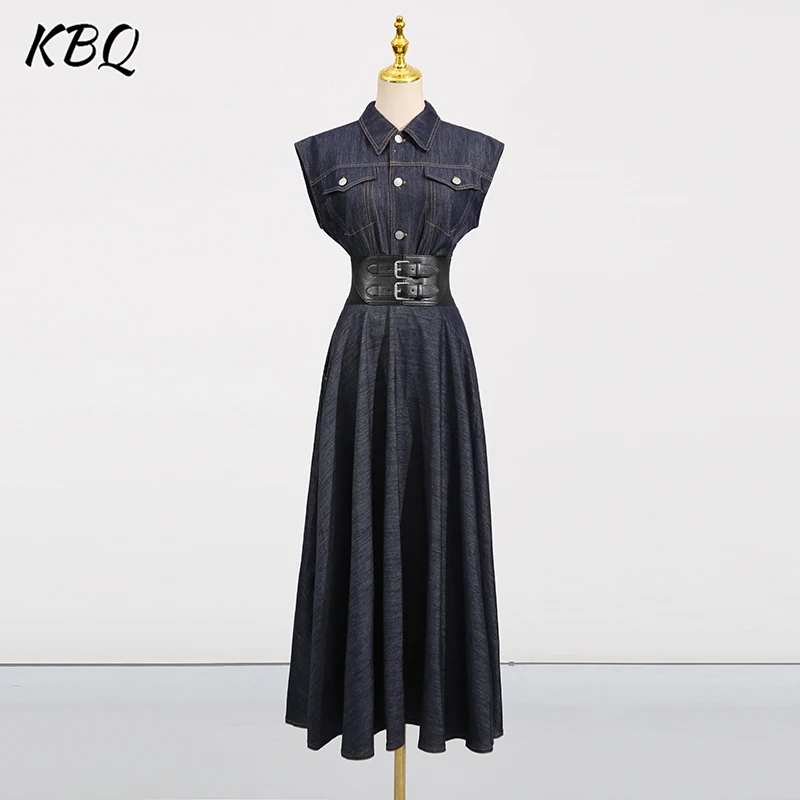 

KBQ Solid Chi Two Piece Sets for Women Lapel Sleeveless Tops High Waist A Line Long Skirts Mininalist Casual Set Female Fashion