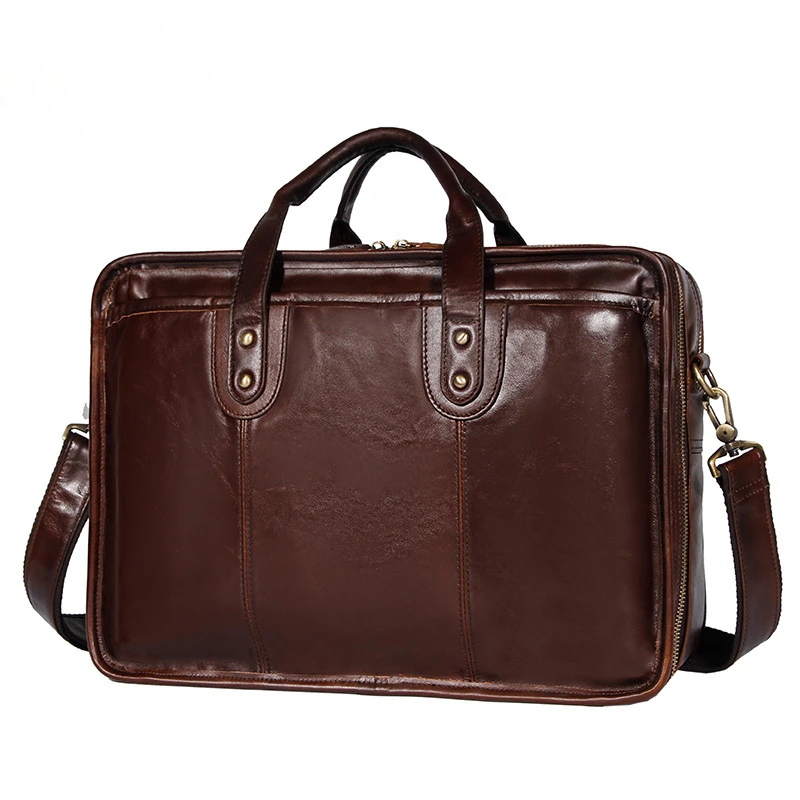 Men's Top Grain Cowhide Leather Briefcase 15 Inch Laptop Bag Business Office Handbag Large Capacity