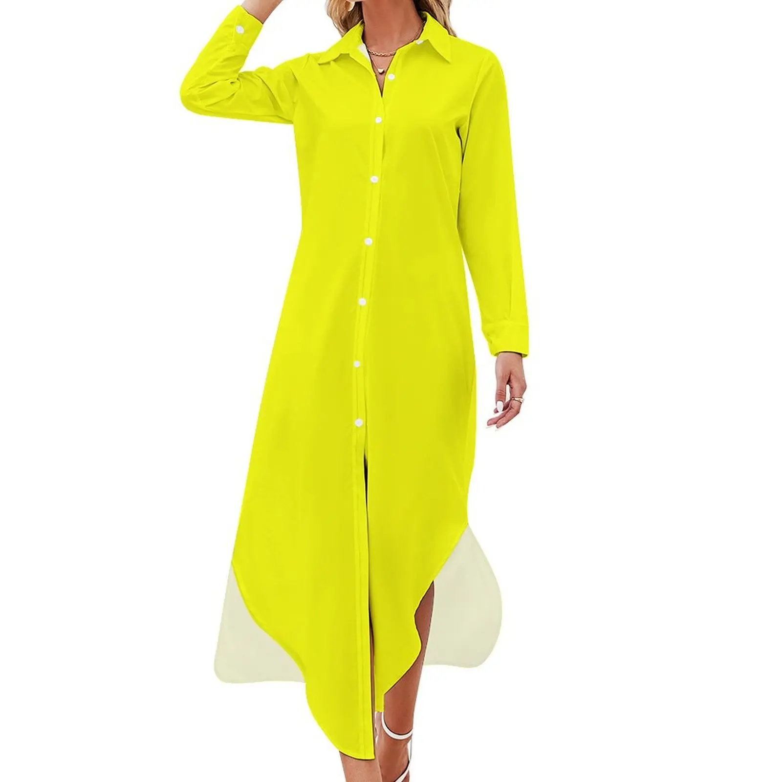 

Neon fluorescent Yellow Yellow|neon Yellow/Fluro Yellow Long Sleeved Shirt Dress loose women's dress Elegant gowns