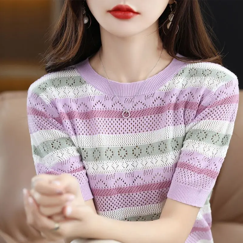 Women Trendy Summer Hollow Striped Sweet Chic Short Sleeve Knitwears Female Korean Style Casual Round Neck Elegant Pullover Tops