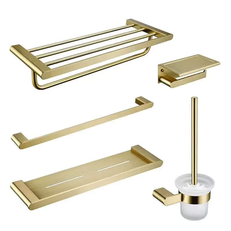 Bathroom Accessories Set Brushed Gold Bath Hardware Set Copper Material Towel Rack,Paper holder Toilet Brush Holder,hooks