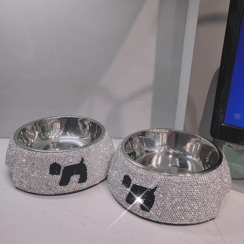 Luxury Rhinestone Non-slip Dog Bowls Feeder Bowls Drinkers Stainless Steel Pet Feeders Pets Dogs Accessories Cat Supplies