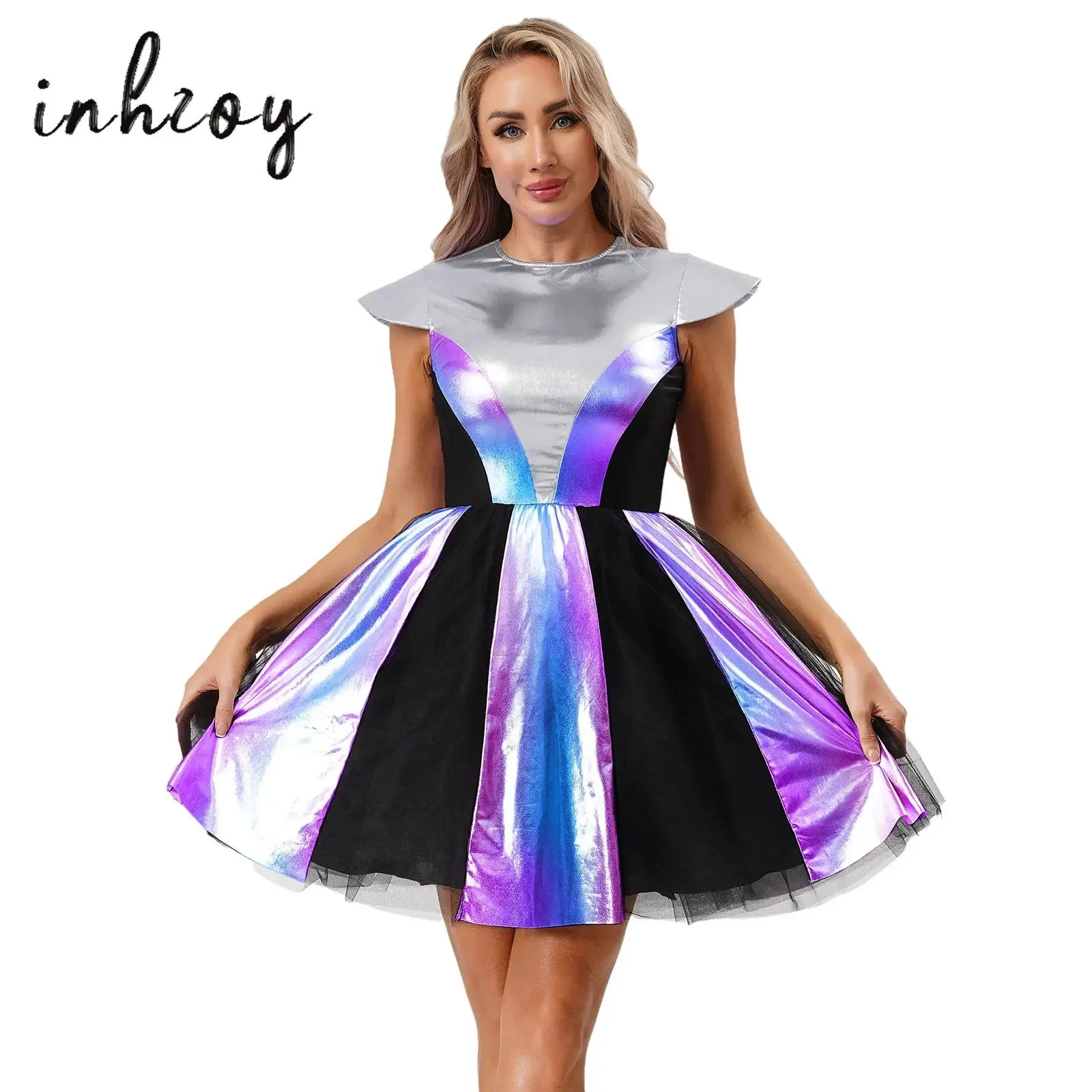 

Women Space Alien Costume Shiny Metallic Patchwork Color Block Short Sleeve Puffy Dress for Halloween Cosplay Themed Parties