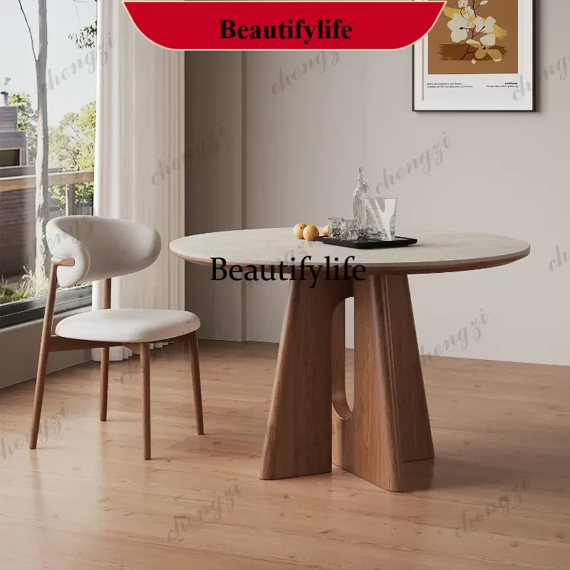 Medieval round white matte modern simple small apartment solid wood rock slab dining table p182