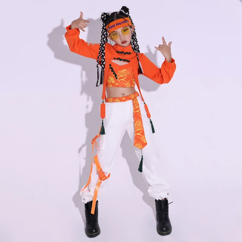 

Fashion Group Kpop Stage Outfits Girls Jazz Dance Performance Costume Orange Top Jogger Pants Stage Hip Hop Clothing XS7775