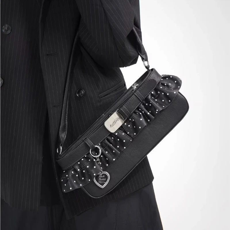 Original Elegant Polka Dot Underarm Shoulder Bag Y2K  Pleated and Ruffle Lace Messenger Bag Women Daily Versatile Casual Handbag