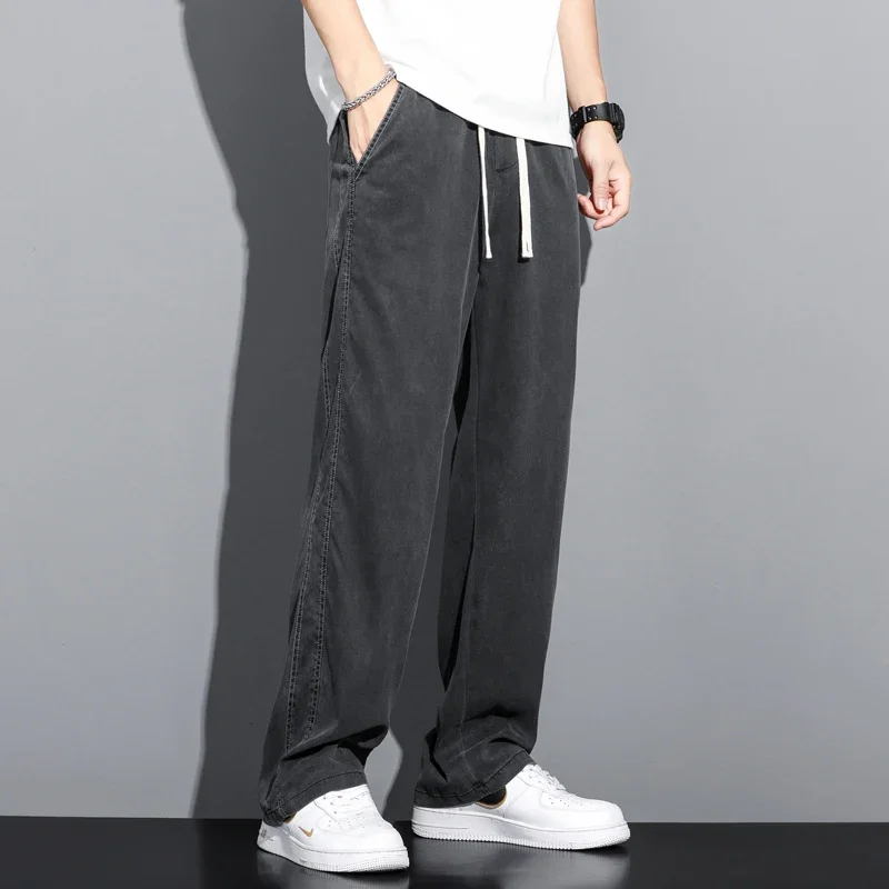High Quality Summer Lyocell Fabric Men's Jeans Thin Straight Pants Drawstring Elastic Waist Korea Casual Trousers Plus Size