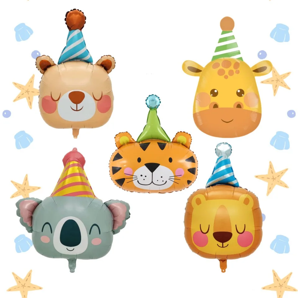 New Birthday Hat Tiger Head Balloon Cartoon Jungle Animal Aluminum Film Balloon Birthday Theme Party Decoration Children's First