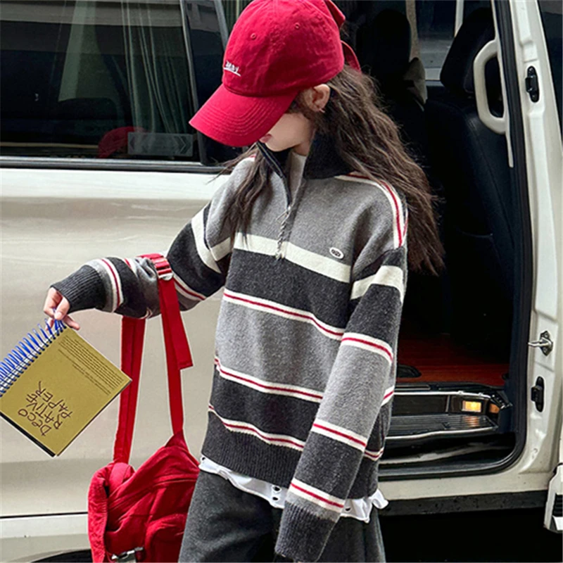 سترة جديدة لخريف 2025 للمراهقات بنصف سحاب سترة أنيقة للأطفال مخططة بياقة مدورة تريكو لعمر 5 6 7 8 9 10 11 12 13 14 Y