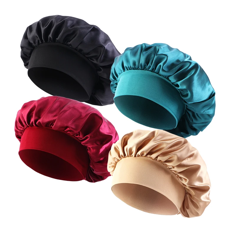 4pcs/lot Women Satin Solid Bonnet Hair Care Night Sleep shower Caps Adjust Head Cover For Curly Springy Hair Styling Accessories image 4