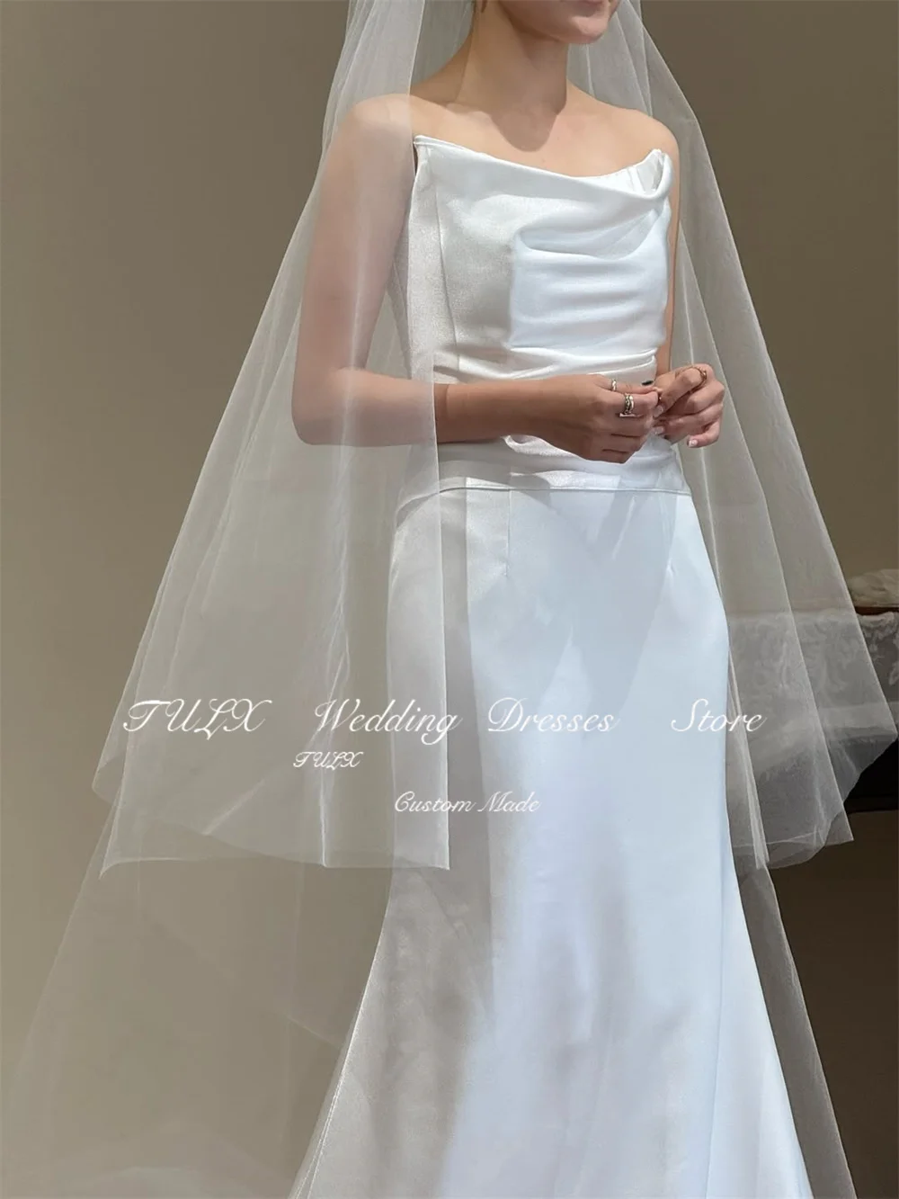 TULX elfenbeinfarbenes koreanisches Hochzeitskleid für Fotoshootings, O-Ausschnitt, Satin-Brautkleider, elegantes Meerjungfrau-langes Korsett, Omar Nadelautomaten 2025