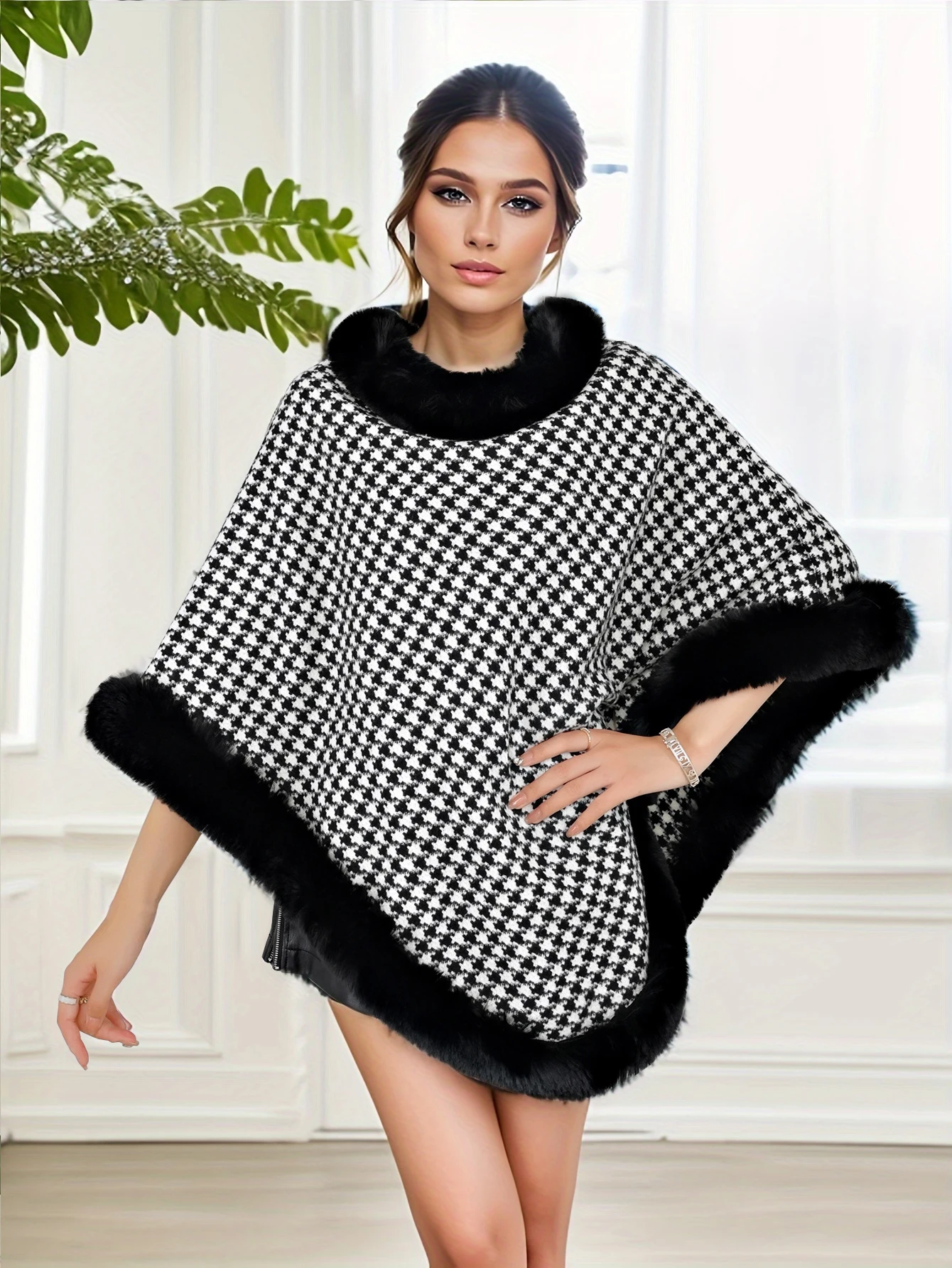 المرأة تقليد الفراء جولة الرقبة سميكة منقوشة المشارب عارضة نمط الخريف والشتاء المرأة السترة الرأس