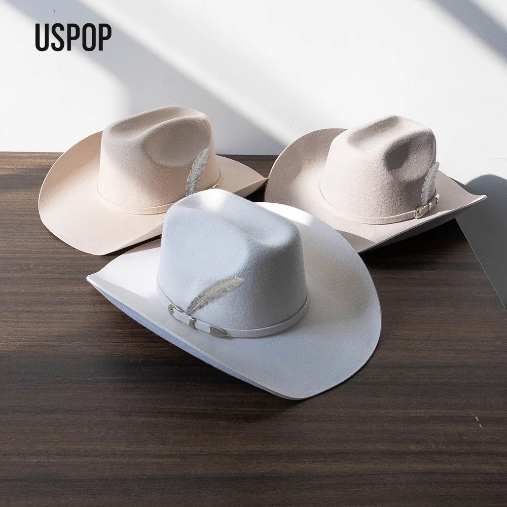 قبعة رعاة البقر من الصوف للجنسين من USPOP مع ربطة عنق على شكل أوراق شجر معدنية على الطراز الغربي بحافة واسعة في الهواء الطلق مقاسات M-XL #4