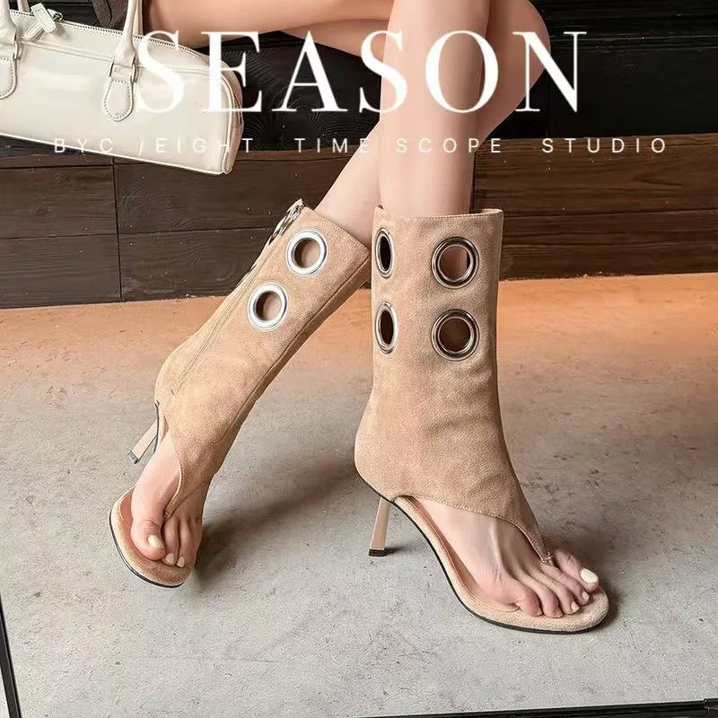 Women's Suede Open Toe Ankle Boots Eyelet Detail Stiletto Heel for Summer Street Style Night Festivals Casual Fashion Occasions