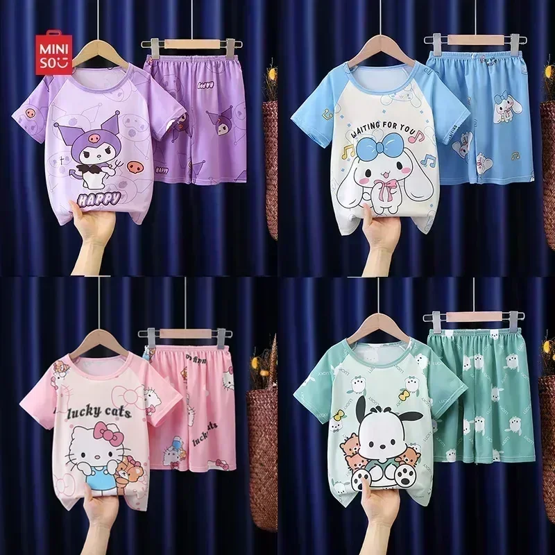 Miniso 2024 Summer Children's Pajamas Anime Cartoon Cinnamoroll Kuromi Kids Milk Silk Sleepwear Girl Boy Pijamas Sets Gifts