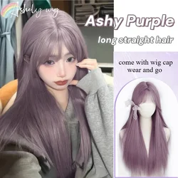 Ashy Purple Wig for Women Lolita Long Straight Wig with Bagns 24inch Heat Resistant Fibers Synthetic Wigs Cosplay 가발