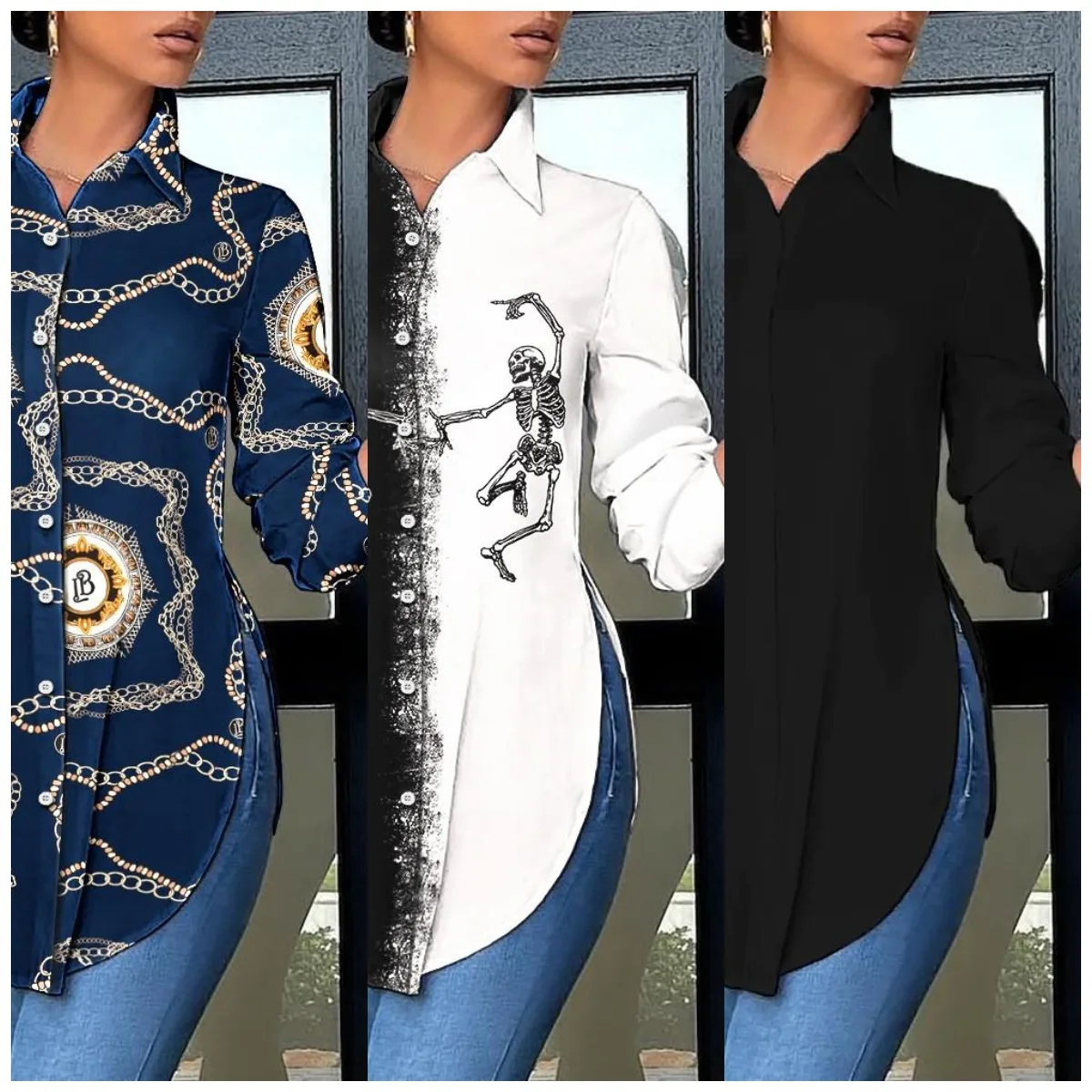 

Autumn Casual Shirt Women Turn Down Collar Print Long Sleeve Shirts Loose Casual Split Blouse Button Tops Office Ladies