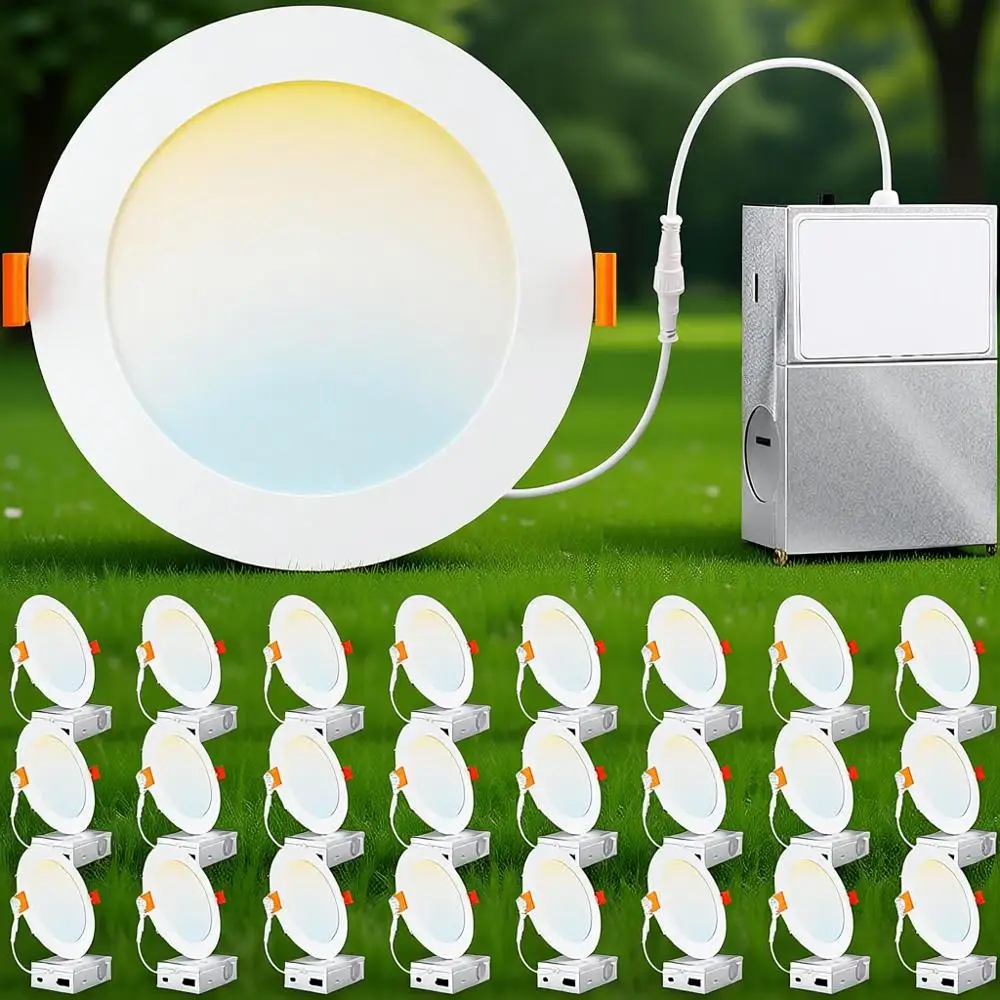 

24 Pack 4 Inch 5CCT Ultra-Thin LED Recessed Ceiling Light with Junction Box, 2700K/3000K/3500K/4000K/5000K, 750LM, 9W Equivalent