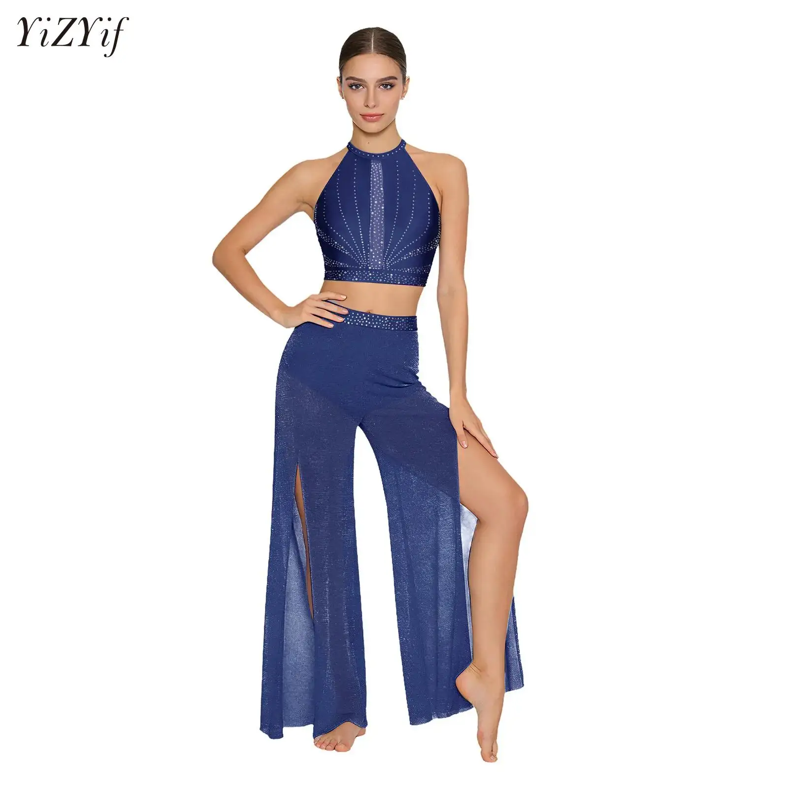 

Modern Ballet Dance Set for Women Mesh Top Wide Leg Pants Attached 2 Piece Lyrical Outfits Ballerina Stage Performance Costume