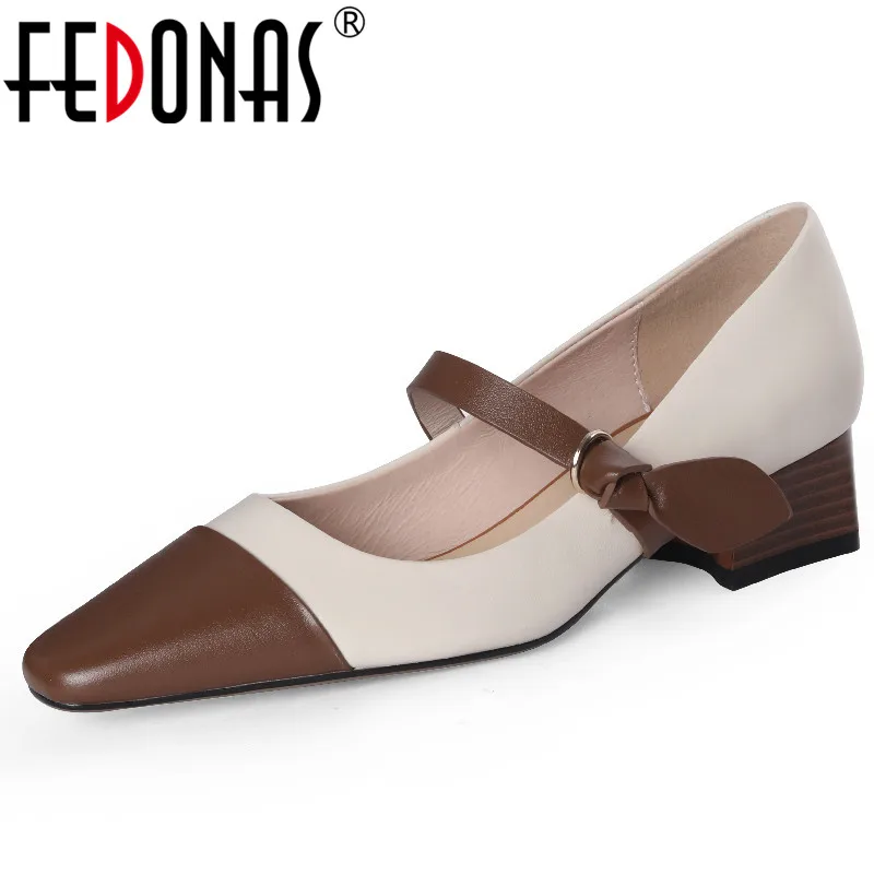 

FEDONAS Elegant Newest Women Pumps Spring Summer Party Office Mixed Colors Genuine Leather Square Heels Mary Janes Shoes Woman