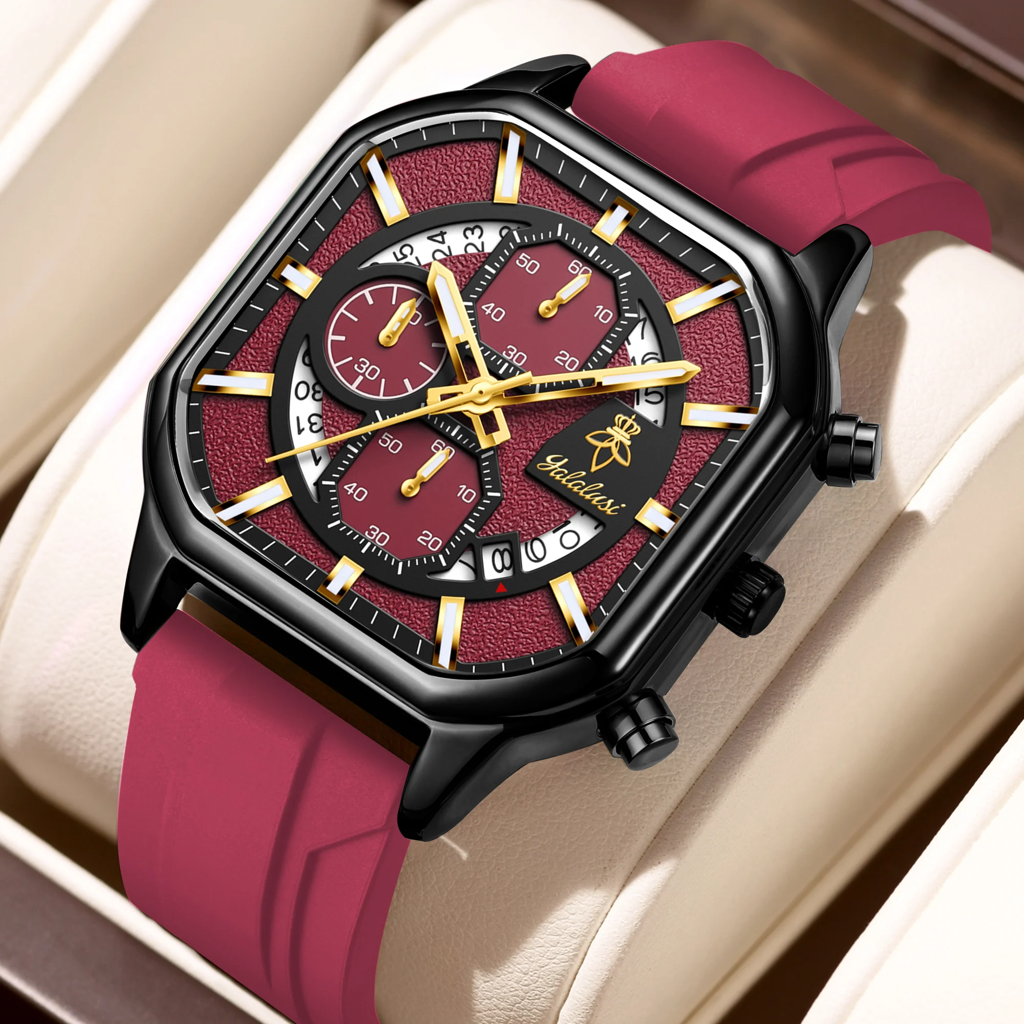 YaLaLuSi Square Multifunction Men’s Chronograph Watch: Stylish Silicone Strap Sports Quartz Wristwatch Reloj
