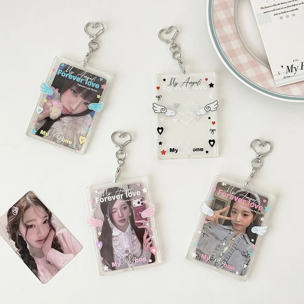 Acrylic Kpop Photocard Holder Keychain Cartoon Wings Heart Card Holder 3 Inch Transparent Idol Card Display Protector