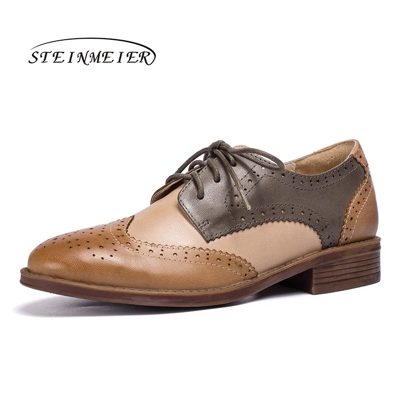 

Women's Sheepskin Leather Flat Casual Oxford Shoes Woman Block Lace Up Loafers Vintage Footwear