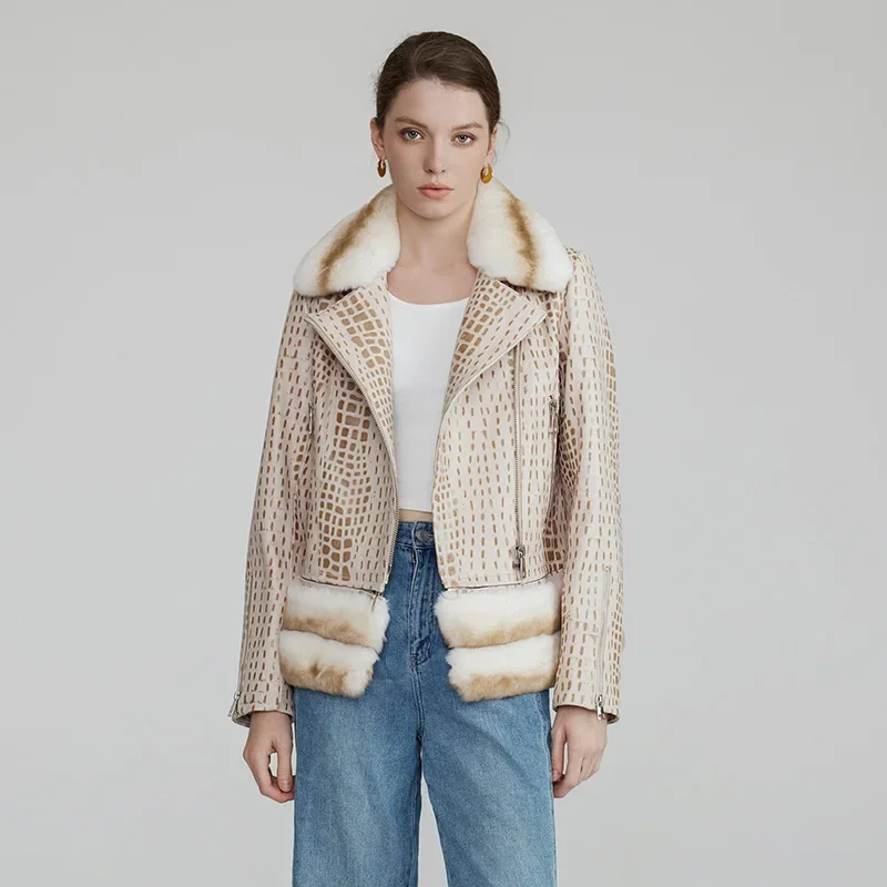 Veste en cuir véritable pour femme, cuir de mouton véritable, poignées amovibles, col en fourrure de lapin Rex, manteau à la mode