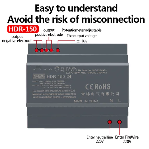Imagen 2 del producto Fuente de alimentación conmutada de carril DIN serie HDR, 15W, 30W, 60W, 100W, 150W, 110V, 220V, CA/CC, 12V, 24V, transformador SMPS ultrafino Industrial